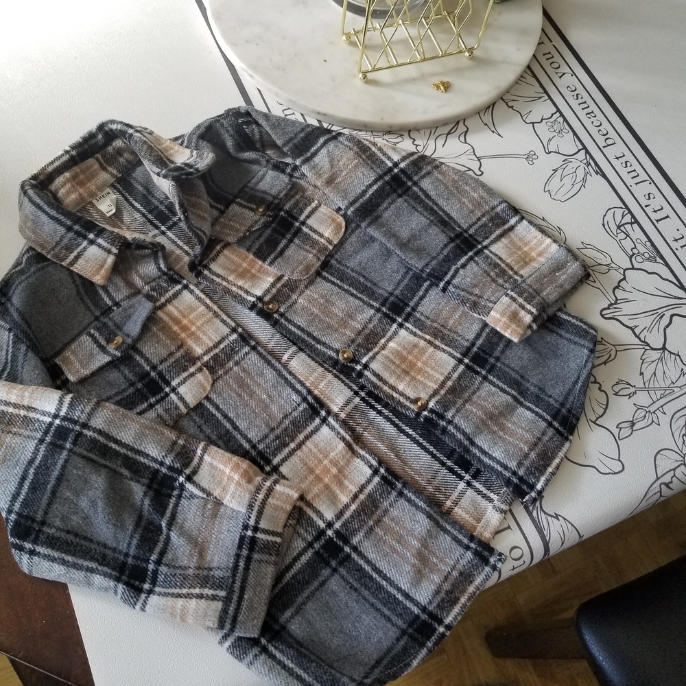 Boys Gray And Tan Flannel Button Down